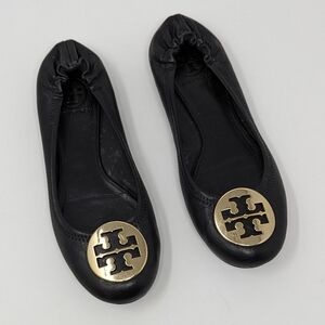 Tory Burch Women Leather Round Toe Classic Reva Ballet Flat Black Gold L…